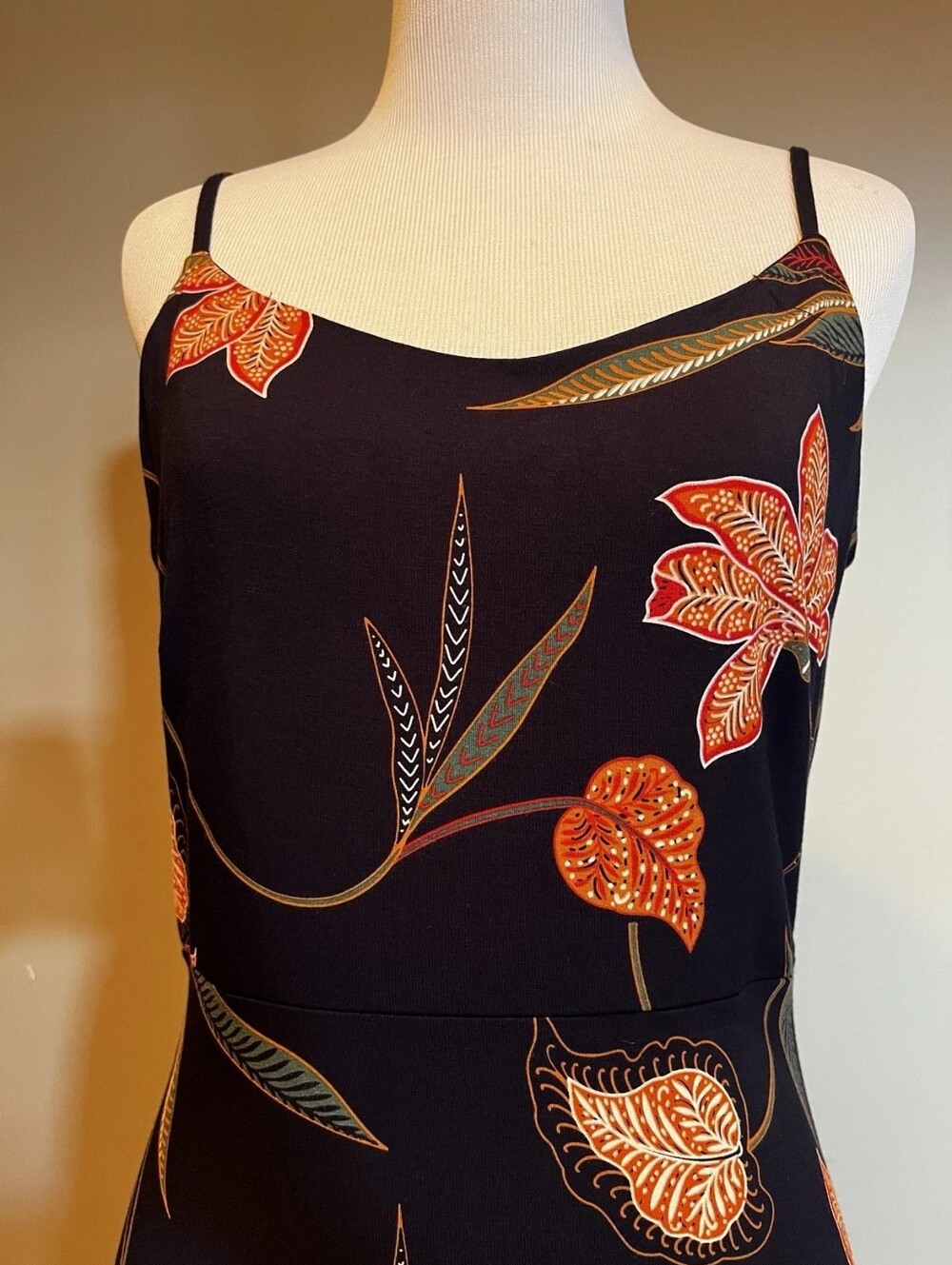Black Floral Spaghetti Strap Dress — Orange & Green Print